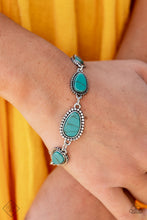 Load image into Gallery viewer, Encased in frames of flattened silver studs, pieces of flat turquoise stone teardrops gradually increase in size as they link around the wrist for an artisan-inspired look. Features an adjustable clasp closure.  Sold as one individual bracelet.
