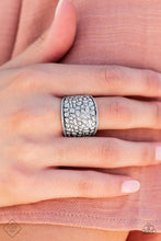 Load image into Gallery viewer, Brimming from edge to edge with a studded texture reminiscent of cobblestone, a wide silver band is bordered in dainty studs resulting in a free-spirited fashion atop the finger. Features a stretchy band for a flexible fit.  Sold as one individual ring.  Fashion Fix New Kit
