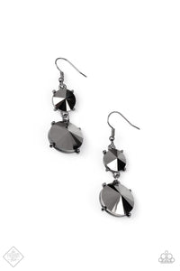 Sizzling Showcase - Black. Featuring pronged gunmetal fittings, two oversized hematite rhinestones dramatically link into a bold smoldering lure as they drip dazzlingly from the ear. Earring attaches to a standard fishhook fitting. Sold as one pair of earrings.    Available for only $5   To order: Comment Sold  Style #7119