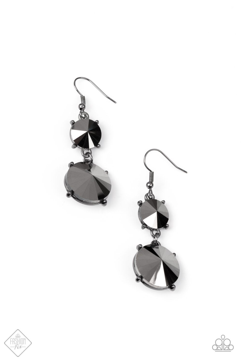 Sizzling Showcase - Black. Featuring pronged gunmetal fittings, two oversized hematite rhinestones dramatically link into a bold smoldering lure as they drip dazzlingly from the ear. Earring attaches to a standard fishhook fitting. Sold as one pair of earrings.    Available for only $5   To order: Comment Sold  Style #7119