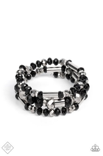 Stacks of black and silver faceted beads, interspersed with silver cylindrical accents and rhinestone-encrusted beads, are threaded along an infinity wrap-style bracelet making an intensely dynamic statement around the wrist.  Sold as one individual bracelet.  New Kit Fashion Fix