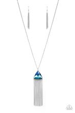 Load image into Gallery viewer, Featuring an iridescent UV shimmer, an oversized multicolored triangular gem swings from the bottom of a lengthened silver chain. A curtain of silver chains streams out from the bottom of the sparkly pendant, adding playful movement to the glamorous statement piece. Features an adjustable clasp closure. 
