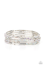 Load image into Gallery viewer, A dainty infinity style bracelet is infused with glittery rows of iridescent rhinestones and curving silver frames, creating simmering layers around the wrist.  Sold as one individual bracelet.
