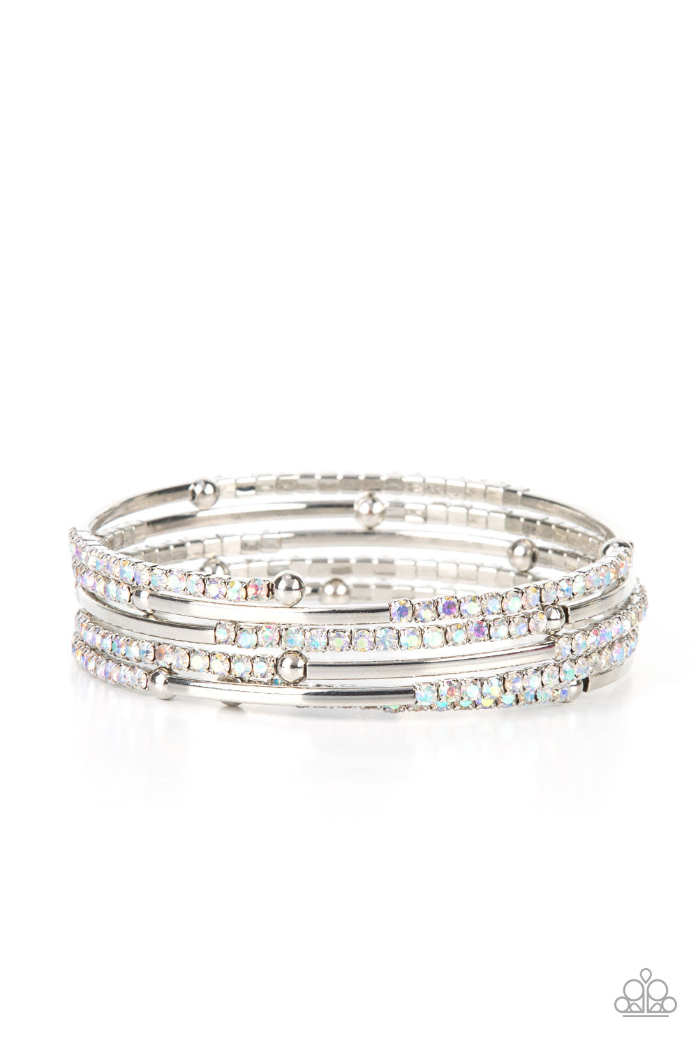 A dainty infinity style bracelet is infused with glittery rows of iridescent rhinestones and curving silver frames, creating simmering layers around the wrist.  Sold as one individual bracelet.