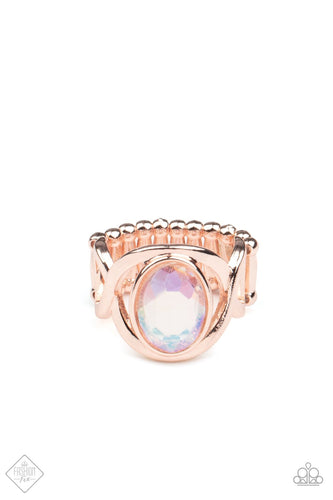 Interwoven rose gold bars delicately encircle an iridescent Pale Rosette gem, creating a mystical centerpiece atop the finger. Features a stretchy band for a flexible fit.
