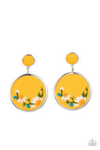 Load image into Gallery viewer, A small yellow leather disc, encased in a simple silver frame, anchors a larger yellow circle that is adorned with fanciful embroidered flowers creating a whimsical lure. Earring attaches to a standard post fitting.
