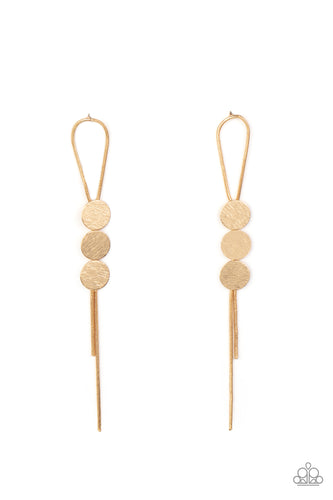 A gold loop of round snake chain is held in place by a trio of scratched gold discs, creating a trendy bolo-like lure. Earring attaches to a standard post fitting.