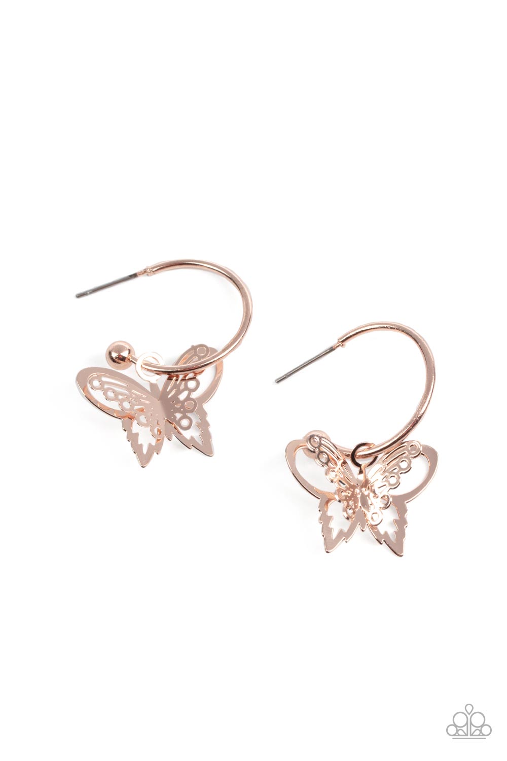 An airy rose gold butterfly charm glides along a dainty rose gold hoop, creating a fluttering fashion. Earring attaches to a post fitting. Hoop measures approximately 3/4