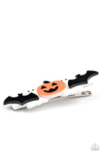 Load image into Gallery viewer, Pairs of black bats and white ghosts flank a spooky pumpkin, creating a SPOOK-tacular centerpiece. Features a standard hair clip on the back.
