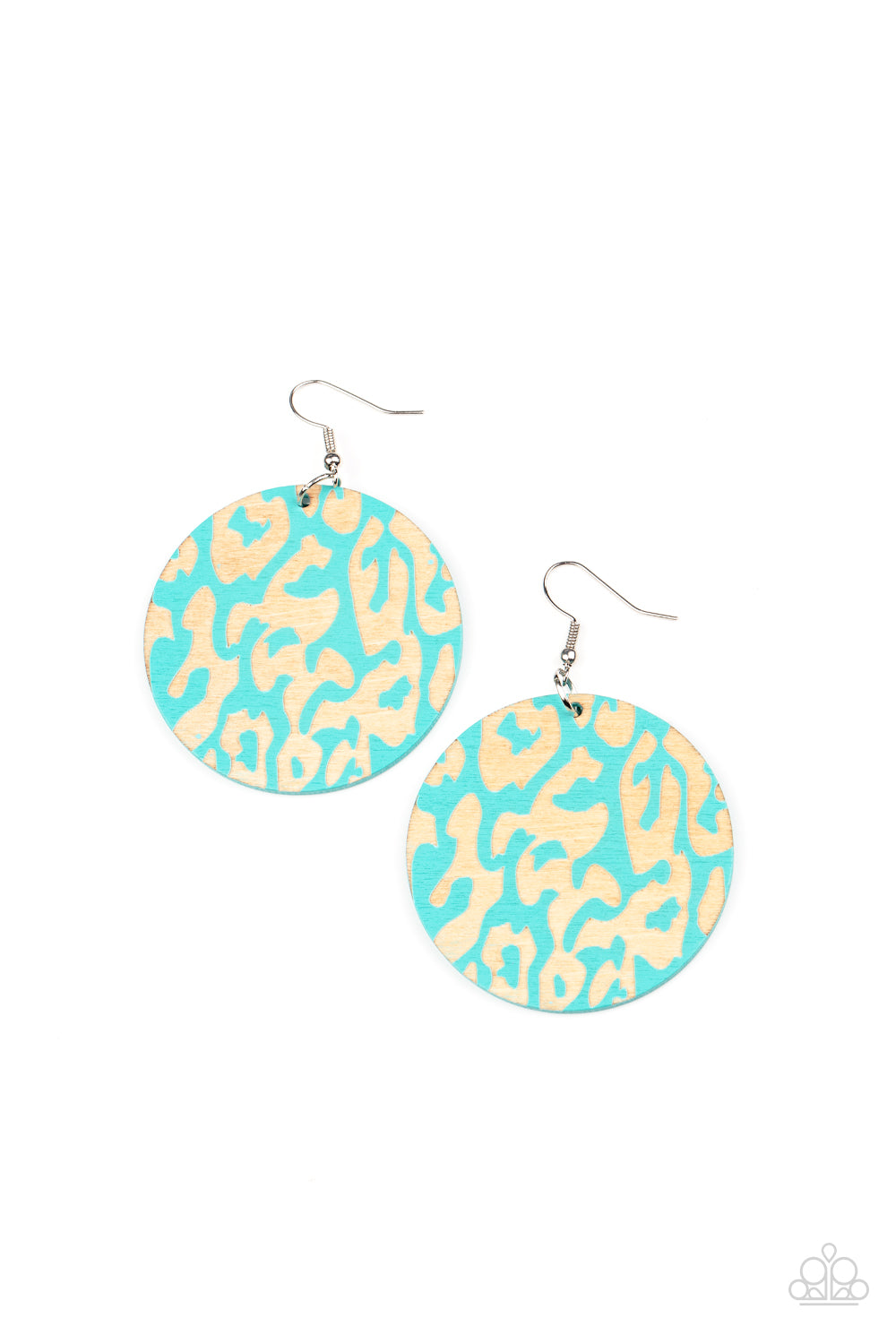 The front of a blue wooden disc is chiseled away, revealing a colorful cheetah-like pattern for a wild fashion. Earring attaches to a standard fishhook fitting.