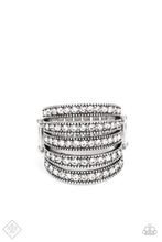 Load image into Gallery viewer, Empirical Sparkle - White. Row after row of blinding rhinestones are encased in subtle studded texture as they stack along the finger to create a stunning statement piece. Features a stretchy band for a flexible fit. Sold as one individual ring.   

