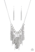 Load image into Gallery viewer, Infused with lifelike textures, an oversized assortment of silver feathers alternate with free-falling silver chains along a chunky section of silver chain, creating a free-spirited fringe. Features an adjustable clasp closure. 
