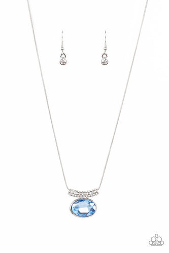 Encased in a glistening silver fitting, an oval blue gem attaches to a silver bar encrusted in glassy white rhinestones that delicately glides along a silver round snake chain below the collar for a timeless fashion. Features an adjustable clasp closure.