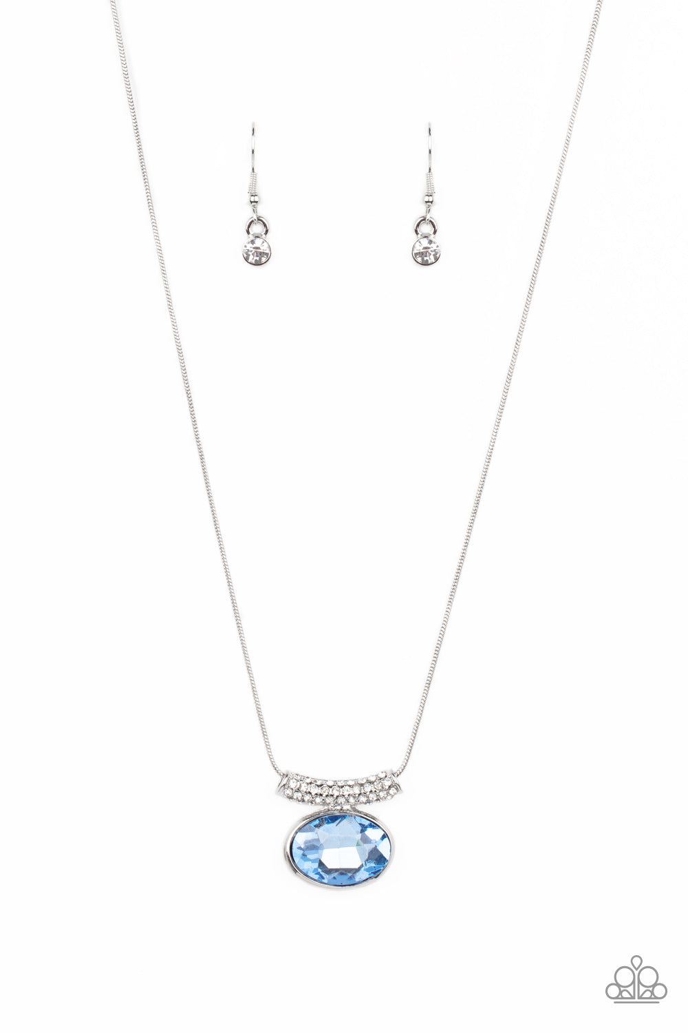 Encased in a glistening silver fitting, an oval blue gem attaches to a silver bar encrusted in glassy white rhinestones that delicately glides along a silver round snake chain below the collar for a timeless fashion. Features an adjustable clasp closure.
