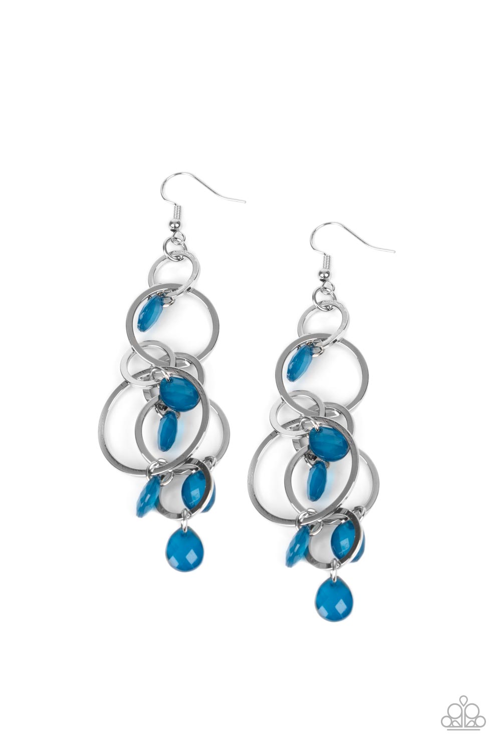 Opaque Mykonos Blue teardrops sporadically cascade from an assortment of mismatched silver links, resulting in a whimsically tasseled chandelier. Earring attaches to a standard fishhook fitting. 