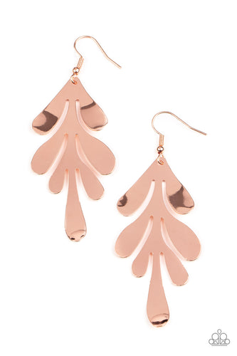 Featuring a gently beveled finish, a flat shiny copper leaf abstractly swings from the ear for a flashy seasonal finish. Earring attaches to a standard fishhook fitting. 