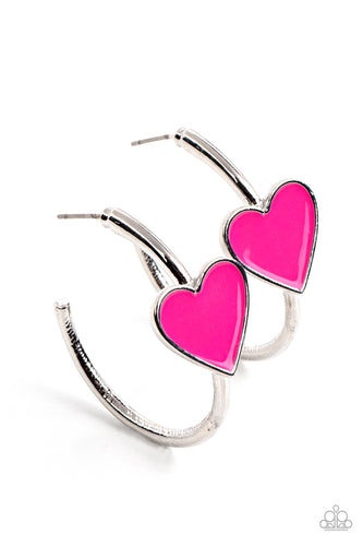 A charming Fuchsia Fedora heart adorns the front of a classic silver hoop resulting in a whimsical fashion. Earring attaches to a standard post fitting. Hoop measures approximately 1 1/4