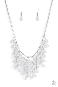 A shimmery collection of opaque and clear crystal-like teardrop beads delicately cluster along a linked strand of silver bars, creating a frosty and leafy fringe below the collar. Features an adjustable clasp closure. 
