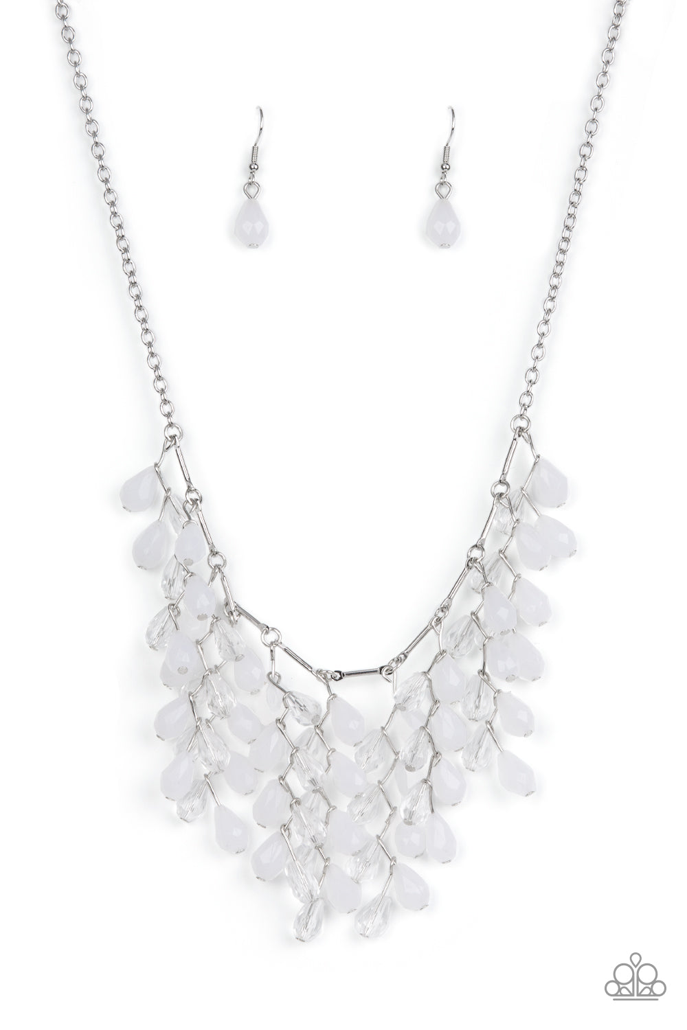 A shimmery collection of opaque and clear crystal-like teardrop beads delicately cluster along a linked strand of silver bars, creating a frosty and leafy fringe below the collar. Features an adjustable clasp closure. 