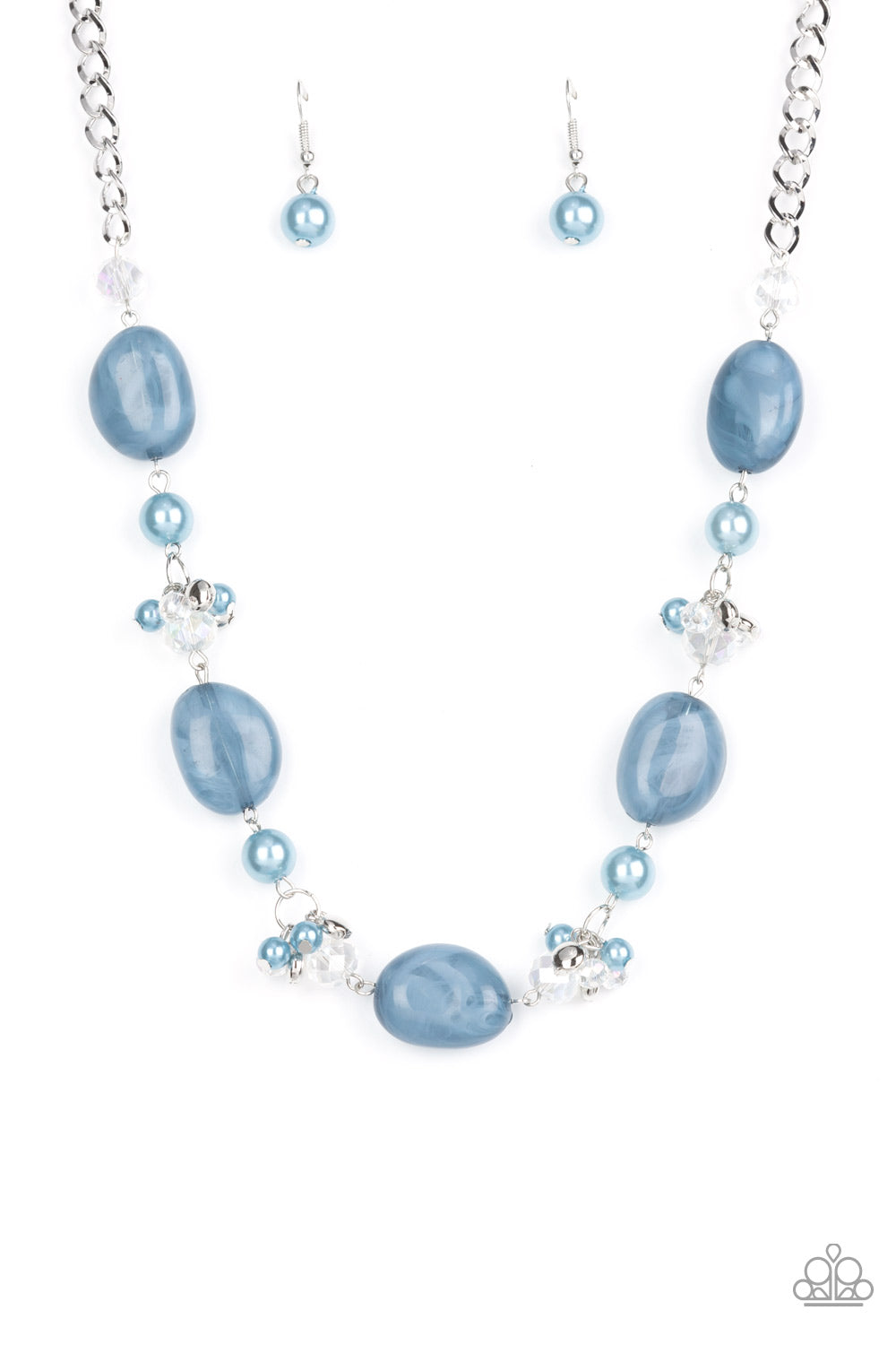 Featuring a faux stone look, a refreshing collection of cloudy Spring Lake beads join bubbly Spring Lake pearls, and white crystal-like gems below the collar. Dainty clusters of Spring Lake pearls, flat silver beads, and white crystal-like gems adorn the display, adding effervescent movement to the whimsical scene. Features an adjustable clasp closure. 
