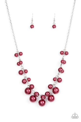 Gradually increasing in size, clusters of red pearls alternate with dainty silver bars below the collar, creating a bubbly fringe. Features an adjustable clasp closure. 