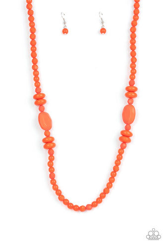 Varying in size, shape, and opacity, a vivacious orange collection of cloudy and solid acrylic beads drapes across the chest for a playful pop of color. Features an adjustable clasp closure. 