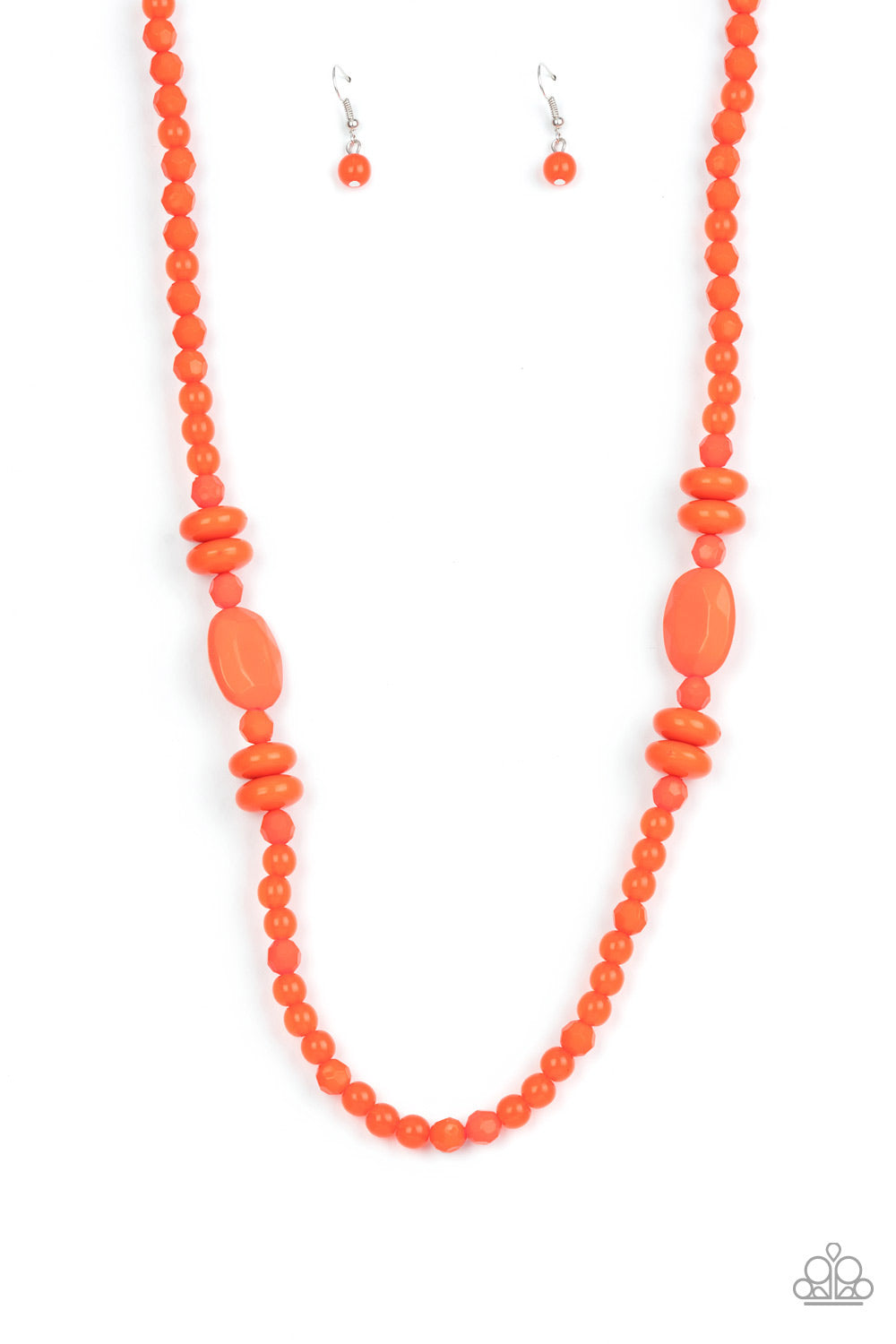 Varying in size, shape, and opacity, a vivacious orange collection of cloudy and solid acrylic beads drapes across the chest for a playful pop of color. Features an adjustable clasp closure. 