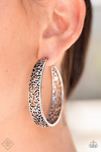 Load image into Gallery viewer, Whimsical swirls of antiqued silver filigree flow wildly within simple silver frames to create an intricate hoop. Earring attaches to a standard post fitting. Hoop measures approximately 2&quot; in diameter.  Sold as one pair of hoop earrings.
