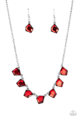Featuring a fiery red finish, imperfect geometric gems delicately link below the collar for an edgy pop of glitz. Features an adjustable clasp closure.