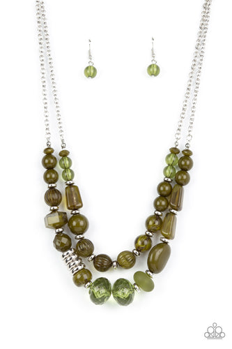 Varying in shape, size, and opacity, a refreshing collection of Olive Branch acrylic and crystal-like beads join silver discs along invisible wires that flawlessly layer below the collar for an earthy pop of color. Features an adjustable clasp closure.