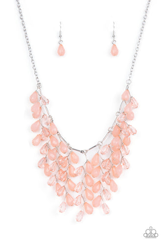 A shimmery collection of opaque and clear crystal-like Pale Rosette teardrop beads delicately cluster along a linked strand of silver bars, creating an ethereally leafy fringe below the collar. Features an adjustable clasp closure.