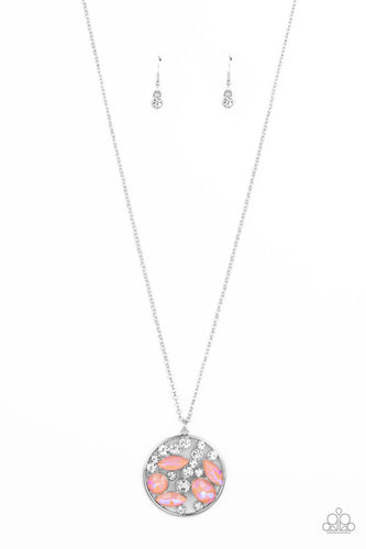 A bubbly collection of white rhinestones and round and marquise iridescent coral gems coalesce inside of a silver frame, creating an effervescent pendant at the bottom of a silver chain. Features an adjustable clasp closure. 