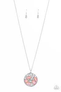 A bubbly collection of white rhinestones and round and marquise iridescent coral gems coalesce inside of a silver frame, creating an effervescent pendant at the bottom of a silver chain. Features an adjustable clasp closure. 