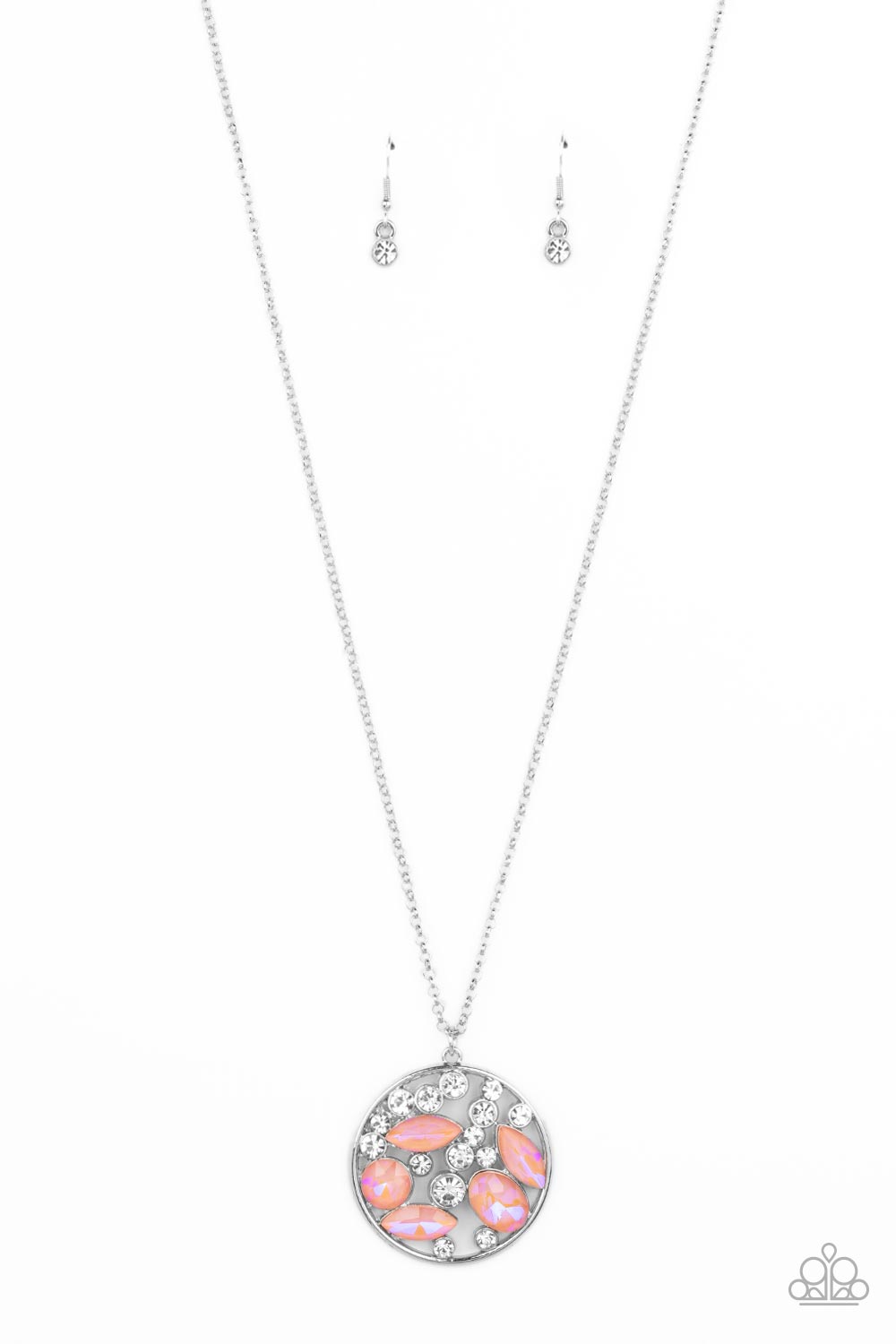 A bubbly collection of white rhinestones and round and marquise iridescent coral gems coalesce inside of a silver frame, creating an effervescent pendant at the bottom of a silver chain. Features an adjustable clasp closure. 