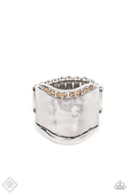 Load image into Gallery viewer, A wave of sparkling dainty light topaz rhinestones floats across the border of a wide hammered silver band. The opposite border is free of adornment, resulting in an upscale artisan edge. Features a stretchy band for a flexible fit.  Sold as one individual ring.  Fashion Fix New Kit
