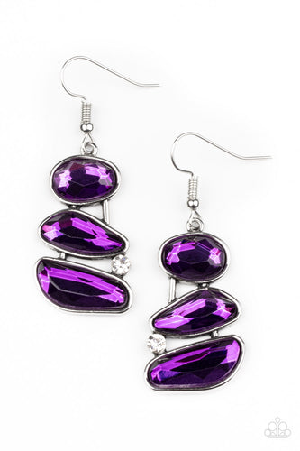 Infused with a solitaire white rhinestone, an asymmetrical series of purple gems delicately stack into an out-of-this-world centerpiece. Earring attaches to a standard fishhook fitting.