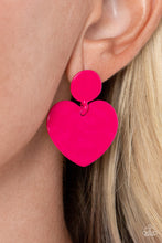 Load image into Gallery viewer, Painted in a glossy Fuchsia Fedora finish, a hammered disc gives way to a hammered heart frame for a flirtatious fashion. Earring attaches to a standard post fitting.
