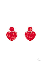 Load image into Gallery viewer, Painted in a glossy red finish, a hammered disc gives way to a hammered heart frame for a flirtatious fashion. Earring attaches to a standard post fitting.
