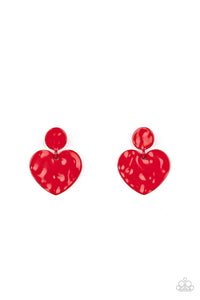 Painted in a glossy red finish, a hammered disc gives way to a hammered heart frame for a flirtatious fashion. Earring attaches to a standard post fitting.