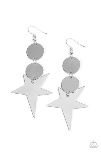 An asymmetrical silver star radiates from two linked flat silver discs, resulting in a stellar lure. Earring attaches to a standard fishhook fitting.