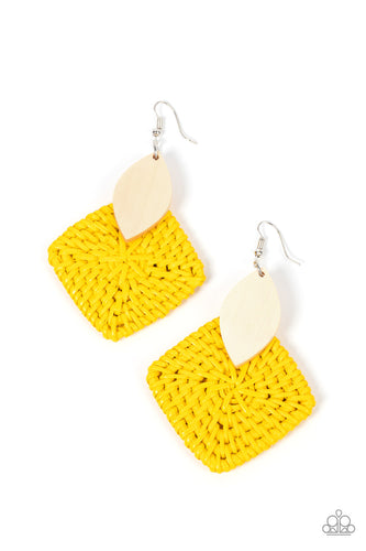 A leaf shaped white wooden frame delicately overlaps with an intricately woven Illuminating wicker-like frame, creating a sunny pop of color. Earring attaches to a standard fishhook fitting. 