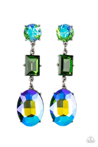 Featuring flashy UV finishes, a classic round green, emerald cut green, and blue oval gem glamorously link into a jaw-dropping lure. Earring attaches to a standard post fitting.  Sold as one pair of post earrings.