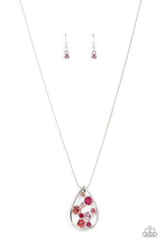 A bubbly collection of pink, Pale Rosette, and Fuchsia Fedora rhinestones coalesce inside an airy silver teardrop, resulting in an effervescently elegant pendant at the bottom of a rounded silver snake chain. Features an adjustable clasp closure.