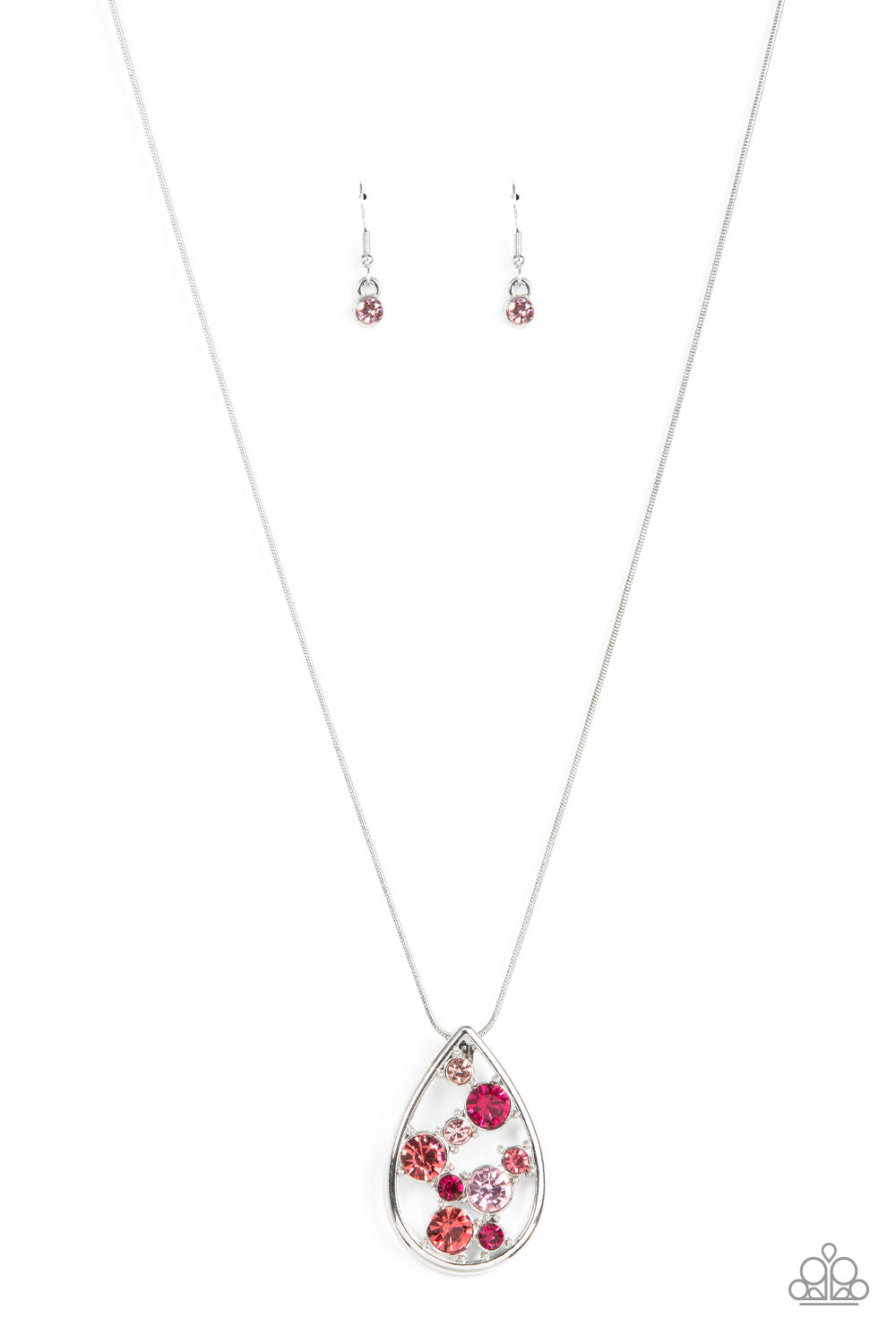 A bubbly collection of pink, Pale Rosette, and Fuchsia Fedora rhinestones coalesce inside an airy silver teardrop, resulting in an effervescently elegant pendant at the bottom of a rounded silver snake chain. Features an adjustable clasp closure.