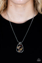 Load image into Gallery viewer, A bubbly collection of classic and golden topaz rhinestones coalesce inside an airy silver teardrop, resulting in an effervescently elegant pendant at the bottom of a rounded silver snake chain. Features an adjustable clasp closure. 
