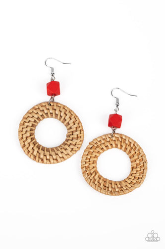 A wicker-like hoop swings from the bottom of a faceted red wooden bead, adding an earthy twist to the trendy homespun trinket. Earring attaches to a standard fishhook fitting.