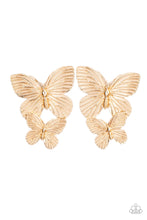 Load image into Gallery viewer, Veined with lifelike textures, a pair of golden butterflies flutters from the ear for a whimsical fashion. Earring attaches to a standard post fitting.
