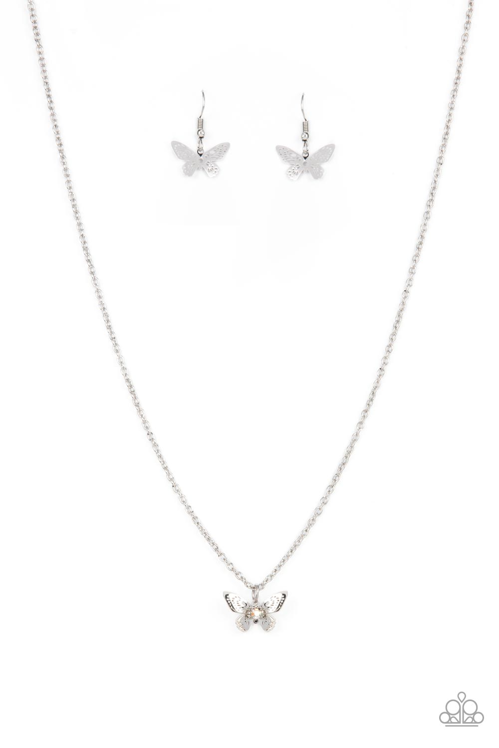 Layered with ornate silver wings, an iridescent rhinestone dotted butterfly flutters from a dainty silver chain below the collar for a whimsical fashion. Features an adjustable clasp closure. 