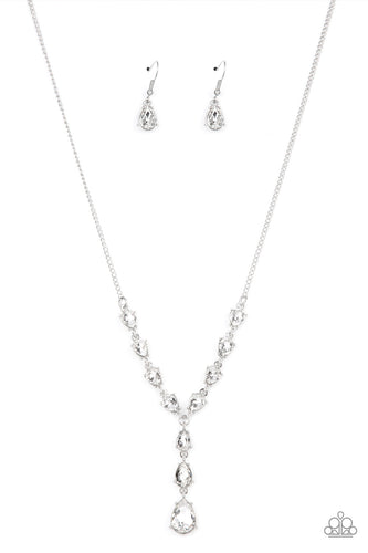 Cascading series of sparkly white teardrop rhinestones delicately link into a chain of graduating teardrops, resulting in an elegant extended pendant below the collar. Features an adjustable clasp closure. 