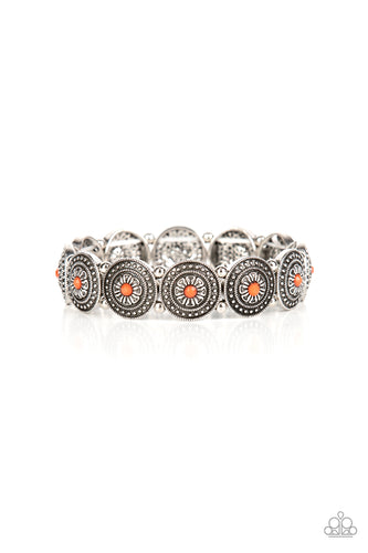 Dotted with faceted orange beaded centers, a studded collection of floral silver frames alternate with dainty silver beads along stretchy bands around the wrist for a whimsical pop of color. 